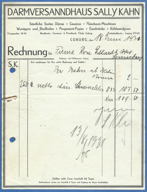 Rechnung - Darmversandhaus Sally Kahn, ausgestellt am 18. Juni 1931  