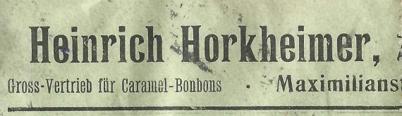 Geschäfts-Briefumschlag vom Gross-Vertrieb für Caramel-Bonbons Heinrich Horkheimer, versandt am 24. August 1923  - Ausschnittvergößerung Kopfzeile Absender - Firmenangabe