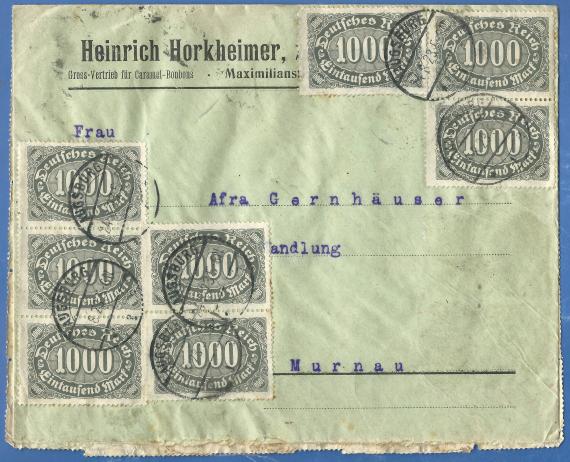 Business envelope from Gross-Vertrieb für Caramel-Bonbons Heinrich Horkheimer, mailed on August 24, 1923