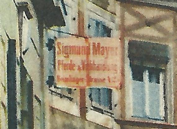 Historische Ansichtskarte Nördlingen - Partie am Brettermarkt mit der Pferde- und Viehhandlung Sigmund Mayer, - versandt am 28. Oktober 1913 - Ausschnittvergrößerung Firmenschild