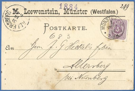 Postkarte - M. Loewenstein Business postcard of the paper wholesaler M. Loewenstein, - mailed on October 29, 1884