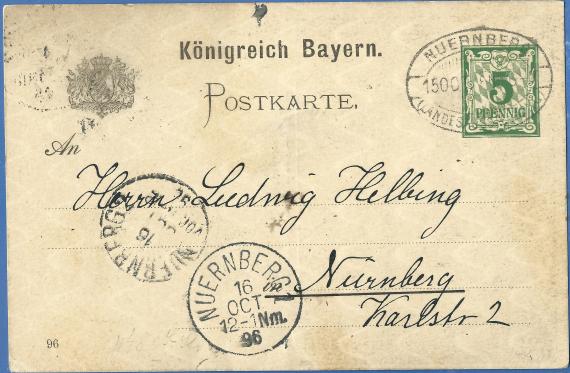 Postkarte von der Bayerischen Landes-Ausstellung Nürnberg 1896 an Herrn Ludwig Helbing, - versandt am 15. Oktober 1896 - Anschriften-Seite