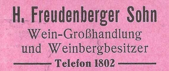 Geschäftspostkarte der Weingroßhandlung H. Freudenberger Sohn, - versandt am 10. August 1917  - Ausschnittvergrößerung Absenderangabe