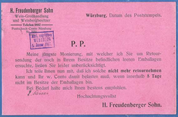 Business postcard of the wine wholesaler H. Freudenberger Sohn, - mailed August 10, 1917 - back of card