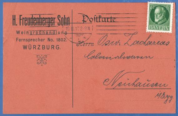 Geschäftspostkarte der Weingroßhandlung H. Freudenberger Sohn, - versandt am 19. März 1917