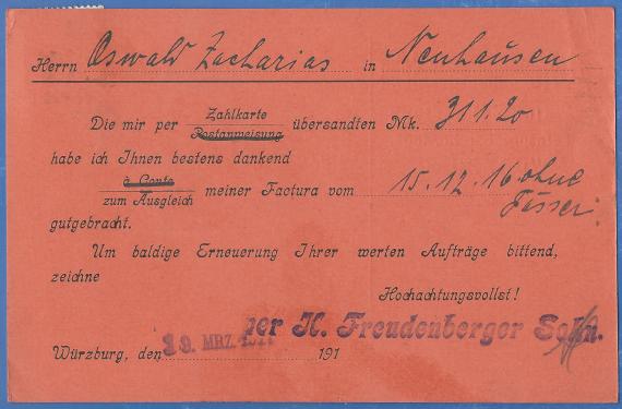 Business postcard of the wine wholesaler H. Freudenberger Sohn, - mailed March 18, 1917 - back of card