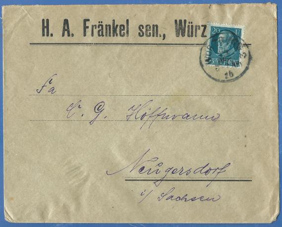 Briefumschlag  -  H. A. Fränkel sen. Würzburg, - versandt 1926  