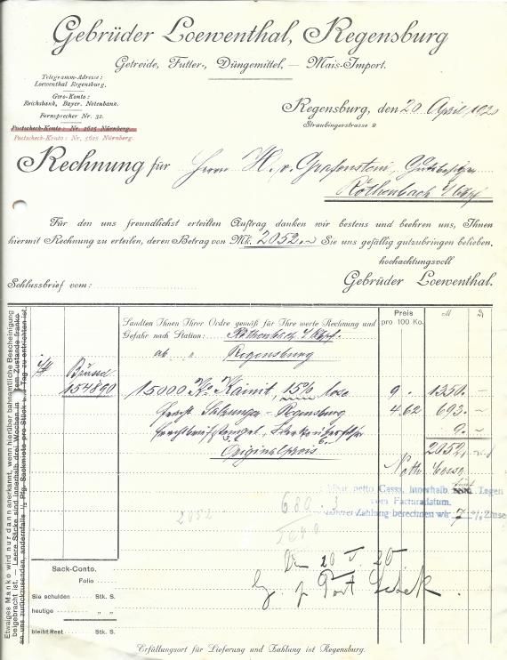 Rechnung der Gebrüder Loewenthal, Getreide, Futter, Düngemittel, - Mais-Import, - ausgestellt am 20. April 1920