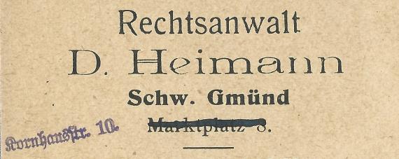 Geschäftspostkarte von Rechtsanwalt David Heimann, - versandt am 6. März 1935  -  Ausschnittvergrößerung Absender