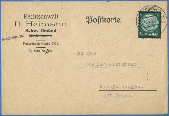 Business postcard from attorney David Heimann, - mailed March 6, 1935