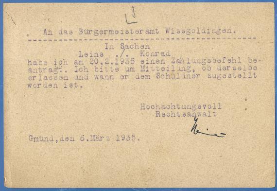 Geschäftspostkarte von Rechtsanwalt David Heimann, - versandt am 6. März 1935  -  Kartenrückseite