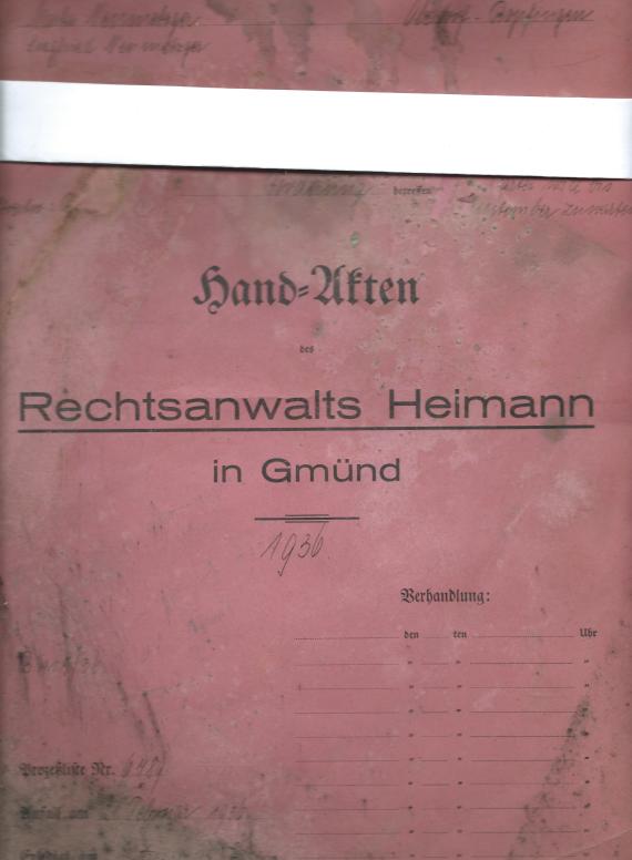 Aktenumschlag - Aktenhefter für Hand-Akten des Rechtsanwalts Heimann in Gmünd aus dem Jahr 1936