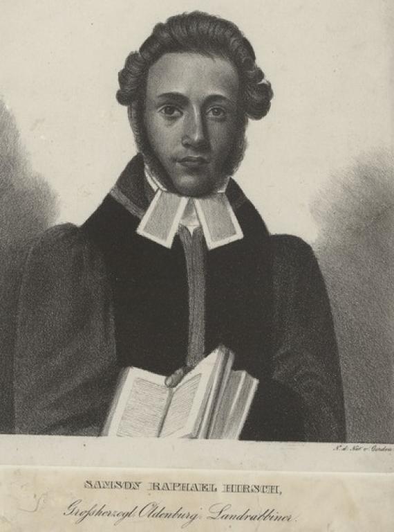 Samson Raphael Hirsch in jungen Jahren. Er hat lockige Haare, trägt eine schwarze Robe mit Halskrause und hält ein Buch in der Hand.