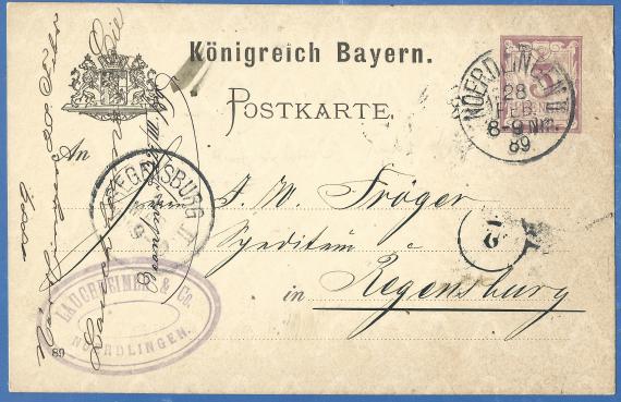 Postkarte geschäftlicher Art der Lederhandlung  Lauchheimer & Co, - versandt am 28. Februar 1889 