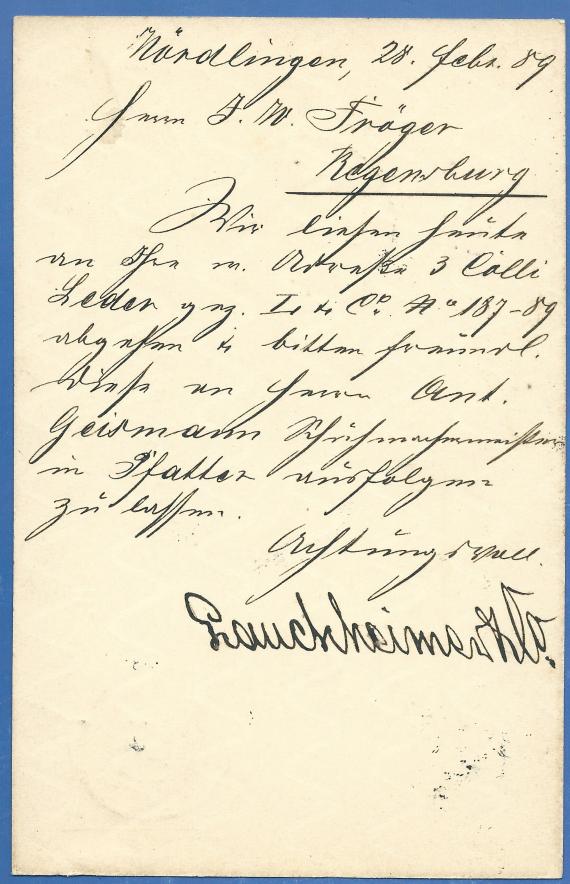 Postkarte geschäftlicher Art der Lederhandlung  Lauchheimer & Co, - versandt am 28. Februar 1889  -  Kartenrückseite