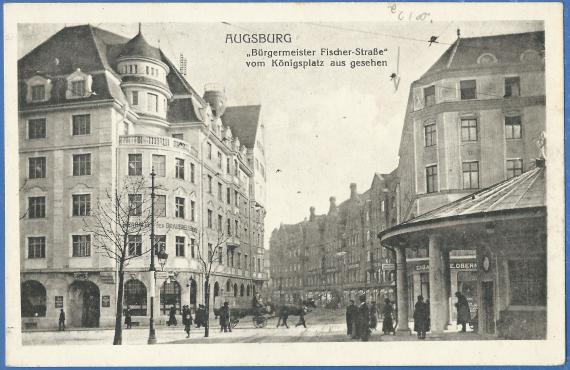 Historical picture postcard Augsburg - Bürgermeister Fischer Straße around 1920 with the cigar shop E. Obermayer