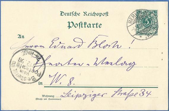 Postkarte an den Theater - Verlag Eduard Bloch, - versandt am 5. Dezember 1912