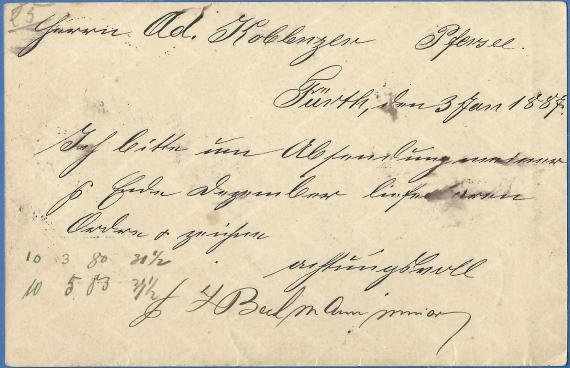 Postcard of a business nature to Mr. Adolf Koblenzer, - mailed January 3, 1887 - back of card