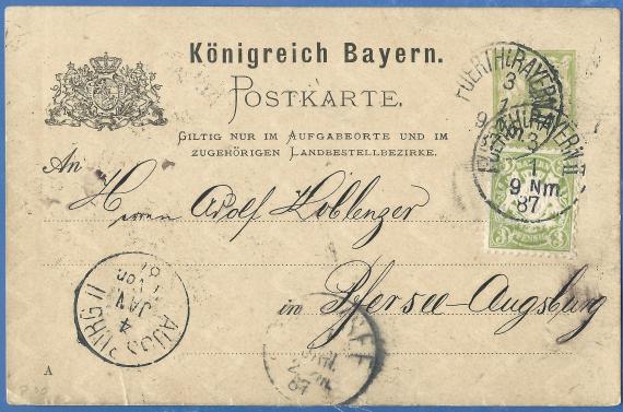 Postcard of a business nature to Mr. Adolf Koblenzer, - sent on January 3, 1887