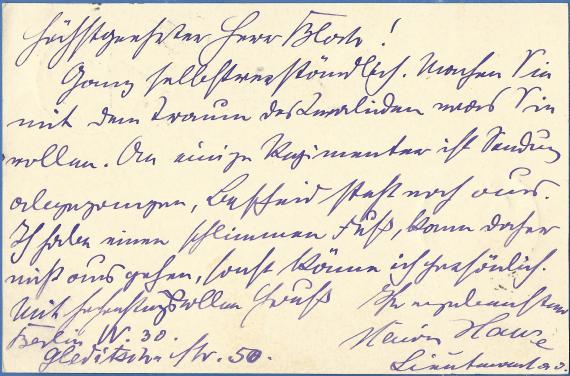 Postkarte an Eduard Bloch Postkarte an den Theater - Verlag Eduard Bloch, - versandt am 5. Dezember 1912, - Kartenrückseite