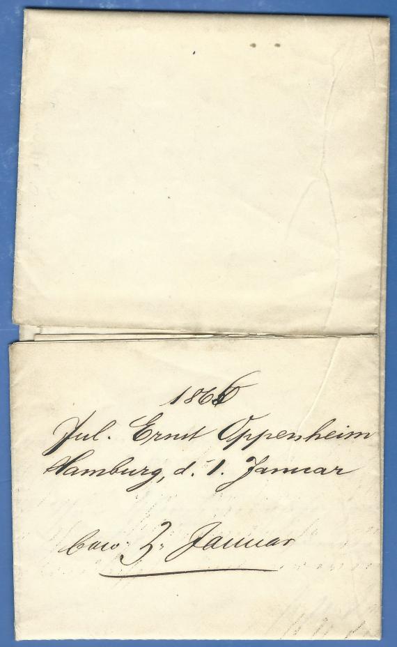 Brief geschäftlicher Art von Julius Ernst Oppenheim, -versandt am 1. Januar 1866  -  Briefrückseite