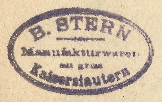 Postkarte geschäftlicher Art von B. Stern, Manufakturwaren en gros, - versandt am 6. Februar 1920  - Ausschnittvergrößerung Firmenstempel