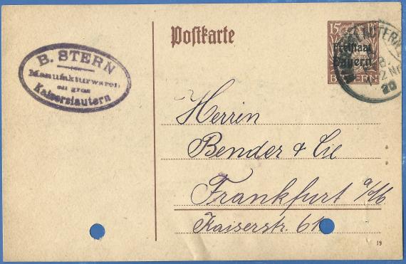 Postcard of a business nature from B. Stern, Manufakturwaren en gros, - mailed February 6, 1920