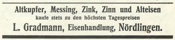 Werbung-Annonce von der Eisenhandlung Leopold Gradmann, -  im " Der Rieser " vom 14. Februar 1912  