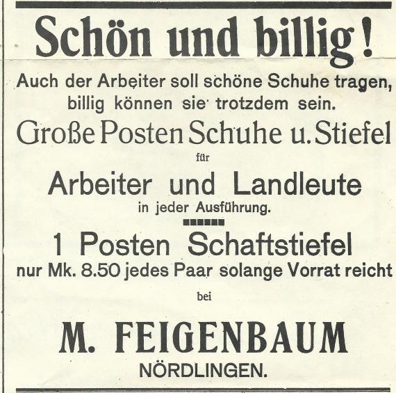 Werbeanzeige von Moritz Feigenbaum  in der Zeitschrift " Der Rieser " vom 14, Februar 1912