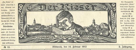 Werbung-Annonce von der Eisenhandlung Leopold Gradmann, -  im " Der Rieser " vom 14. Februar 1912  -  Ausschnittvergrößerung Zeitungskopf