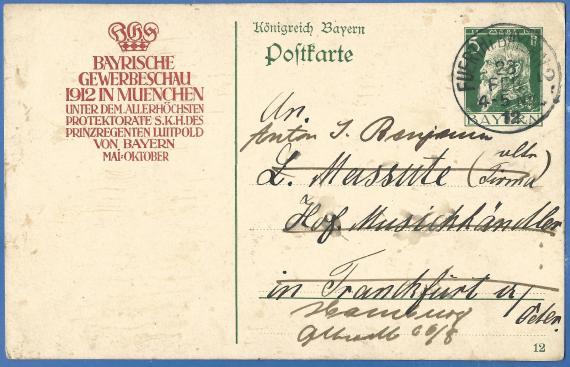 Postcard of a business nature to Anton J. Benjamin, - mailed February 23, 1912