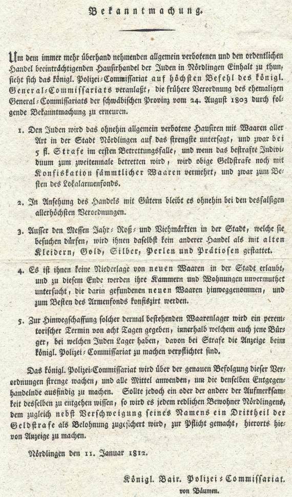 Amtliche Bekanntmachung des Königlich Bairisches Polizei - Commissariats im Auftrag der Stadt Nördlingen zum Hausierverbot für Juden im Januar 1812