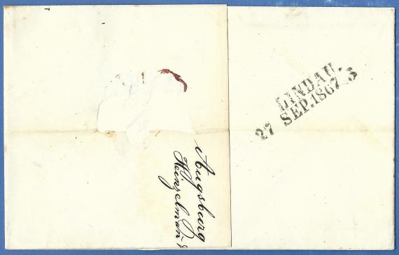 Envelope addressed to Mr. Emanuel Loewenberg from Hohenems at the time to the crown in Lindau, - sent on September 26, 1867 - reverse side