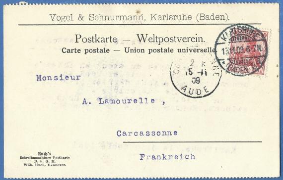 Geschäftspostkarte der Firma Vogel & Schnurmann, - versandt am 13. November 1909  