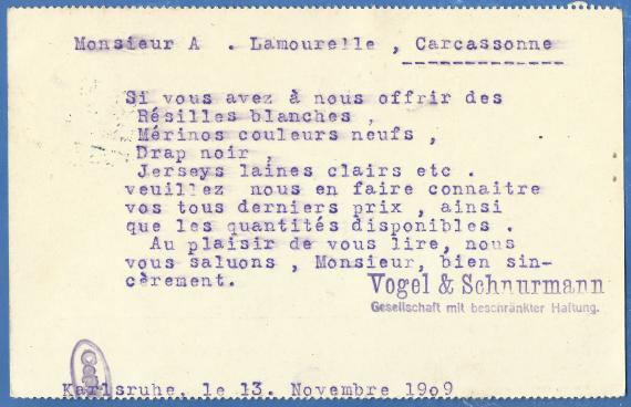 Geschäftspostkarte der Firma Vogel & Schnurmann, - versandt am 13. November 1909  -  Kartenrückseite