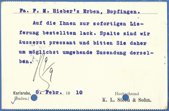 Geschäftspostkarte der Firma  K.L. Stern & Sohn, - versandt am 8. Februar 1910  -  Kartenrückseite