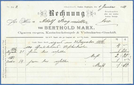 Rechnung - Cigarren en gros, Kautschuckstempel - & Visitenkarten - Geschäft  Berthold Marx vom 1. Januar 1888  