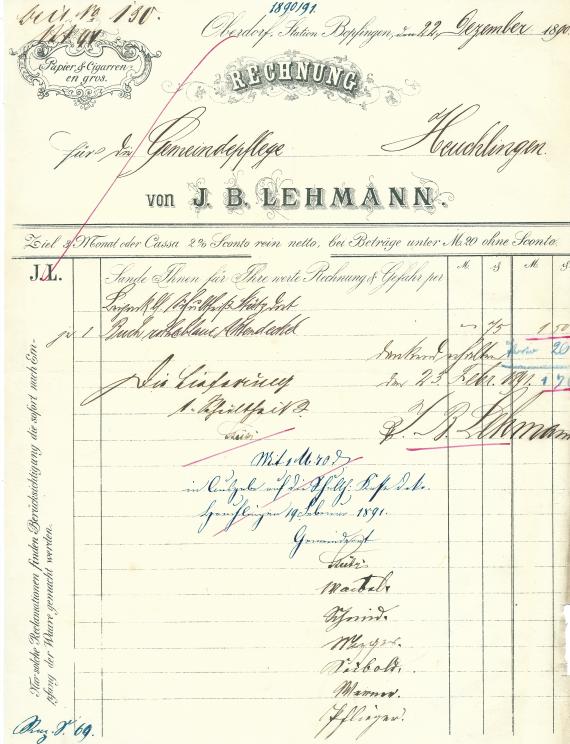 Rechnung - J. B. Lehmann Rechnung der Papier & Cigarrengroßhandlung J. B. Lehmann vom 22. Dezember 1890