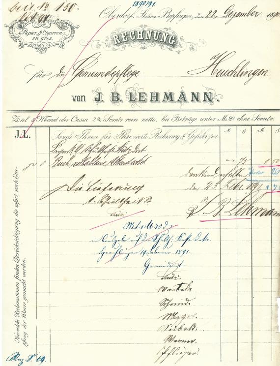 Rechnung der Papier & Cigarrengroßhandlung J. B. Lehmann vom 22. Dezember 1890  