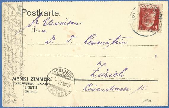 Geschäftspostkarte Menki Zimmer, Spielwaren - Export mit privatem Text, - versandt am 30. August 1912 