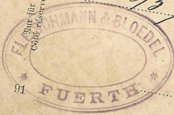 Postcard of the toy factory Fleischmann & Bloedel, - sent to Paris on December 19, 1891 - detail enlargement of company postmark