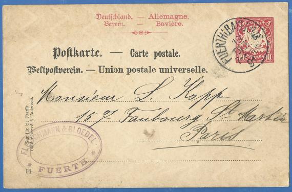 Postkarte der Spielzeugfabrik Fleischmann & Bloedel, - versandt nach Paris am 19. Dezember 1891 