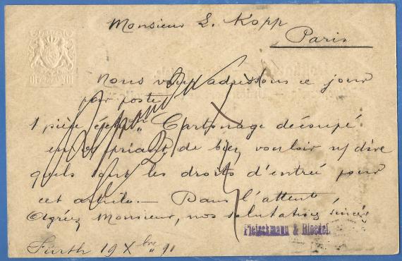 Postcard of the toy factory Fleischmann & Bloedel, - sent to Paris on December 19, 1891 - back of the card