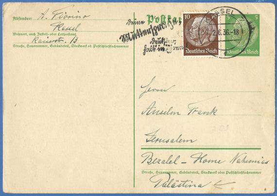 Postkarte privater Art von Alexander Fiorino, - versandt nach Jerusalem am 2. Juni 1936