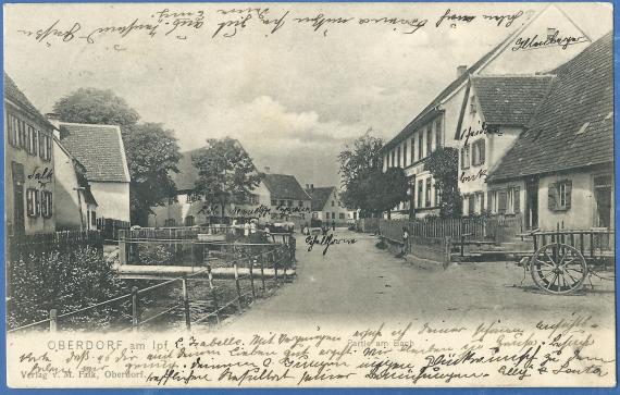 Ansichtskarte Oberdorf - Moses Falk Historische Ansichtskarte Oberdorf - Partie am Bach, Blick in die Straße - mit dem Haus von Moses Falk, - versandt am 26. Juli 1904