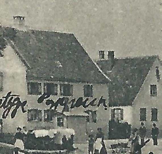 Ansichtskarte - Max Pappenheimer Historische Ansichtskarte Oberdorf - Partie am Bach, Blick in die Straße - mit dem Haus von Max Pappenheimer - versandt am 26. Juli 1904 - Ausschnittvergrößerung Haus Max Pappenheimer