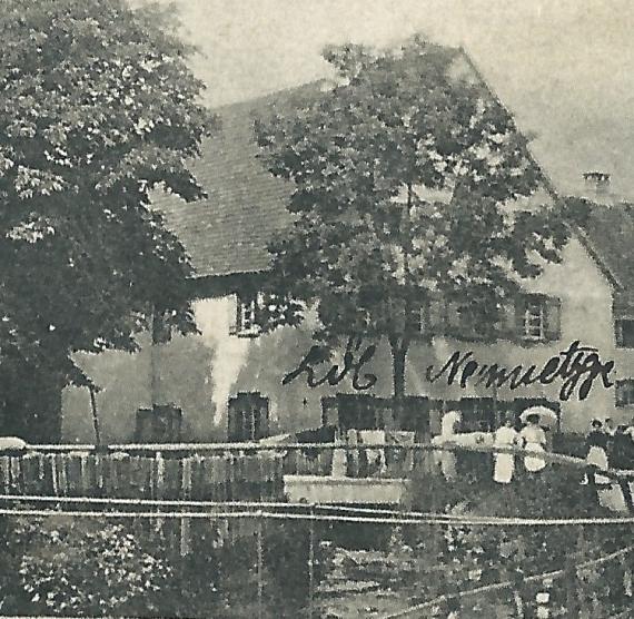 Historische Ansichtskarte von Oberdorf - Partie am Bach - versandt am 26. Juli 1904 - Ausschnittvergrößerung - Haus Löb Neumetzger