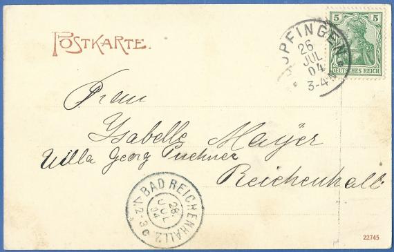 Ansichtskarte - Max Pappenheimer Historische Ansichtskarte Oberdorf - Partie am Bach, Blick in die Straße - mit dem Haus von Max Pappenheimer - versandt am 26. Juli 1904 - Anschriftseite