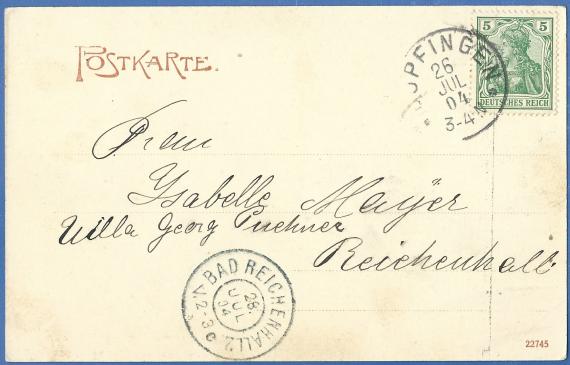 Historische Ansichtskarte Oberdorf - Partie am Bach, Blick in die Straße - mit dem Haus von Max Pappenheimer - versandt am 26. Juli 1904 - Anschriftseite