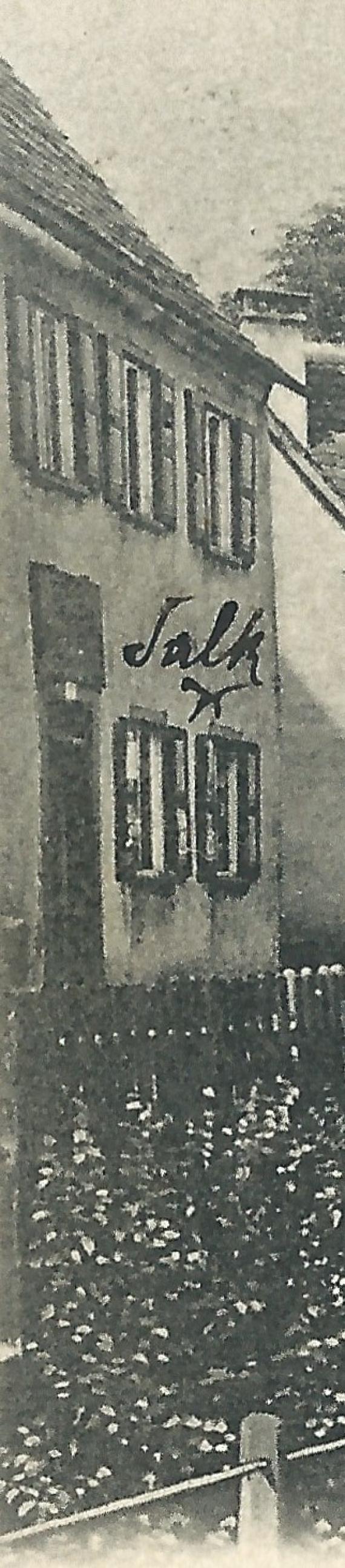 Ansichtskarte Oberdorf - Moses Falk Historische Ansichtskarte Oberdorf - Partie am Bach, Blick in die Straße - mit dem Haus von Moses Falk, - versandt am 26. Juli 1904 - Ausschnittvergrößerung - Haus von Moses Falk